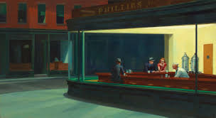 A painting of a diner viewed from outside with large glass windows through which the clients can be seen at the eat-in counter